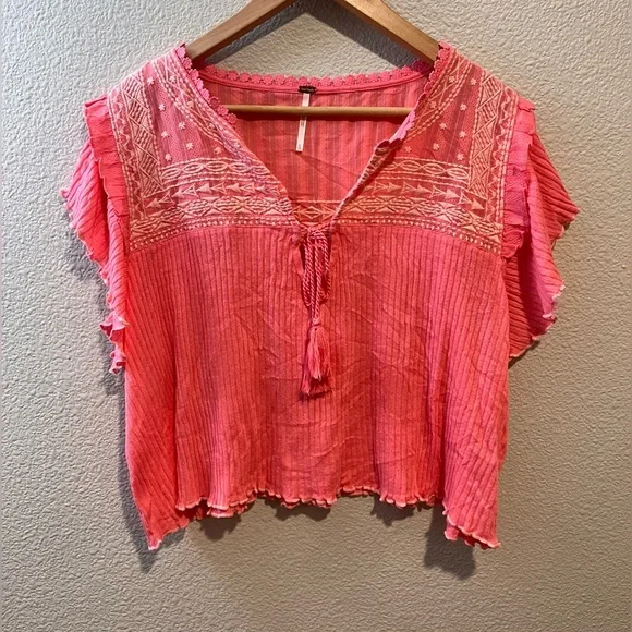 Free People Sarafina Top Boho Cottage Core Embroidered Flutter Crop Pink XL - Picture 4 of 15